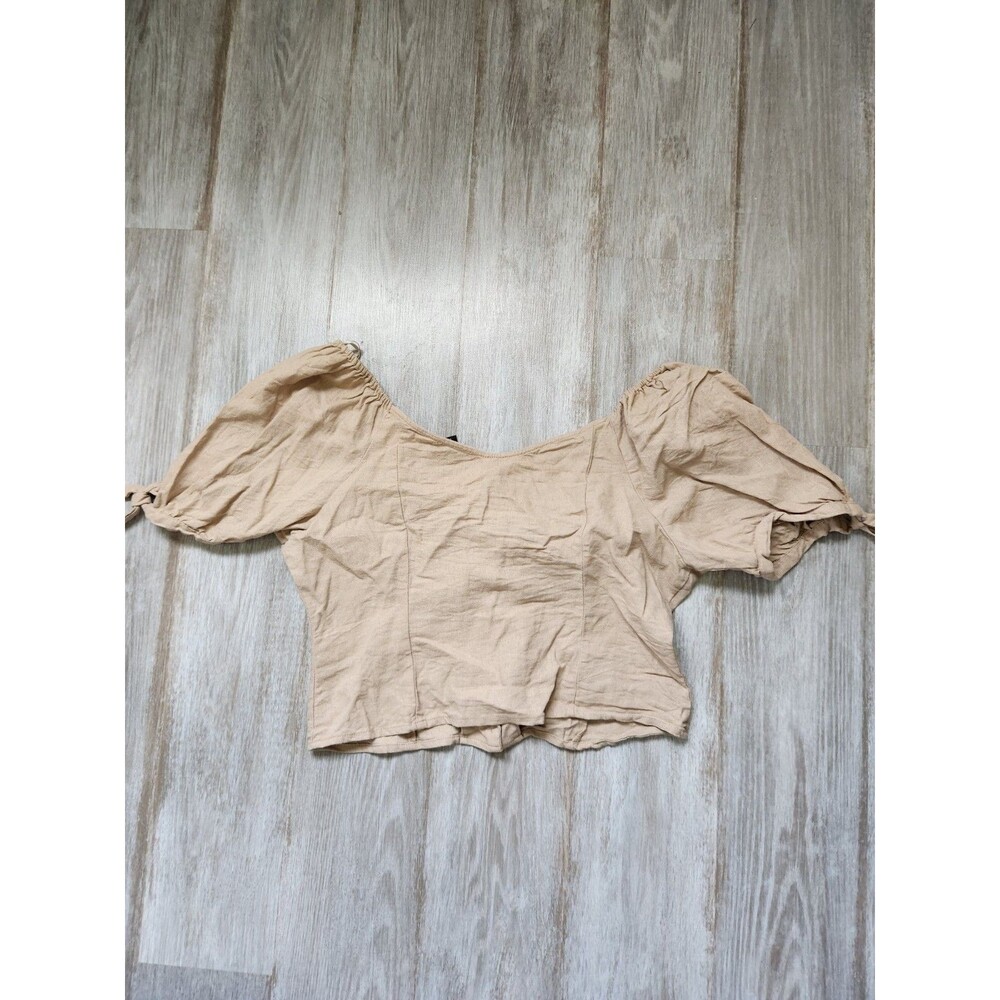 Express Linen Blend Crop Top Womens L Tan Puff Sleeve Cottagecore Peasant GUC - Picture 9 of 9